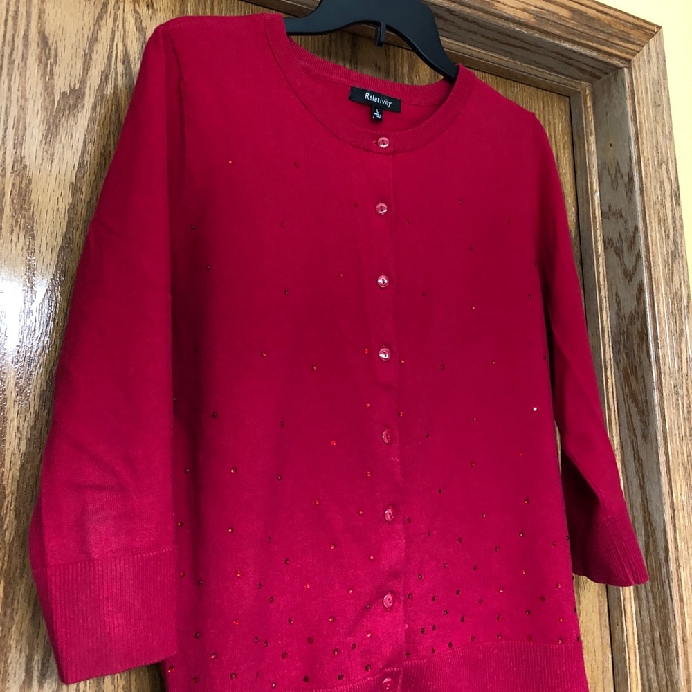 Red Sequin Button Down Sweater - image 1